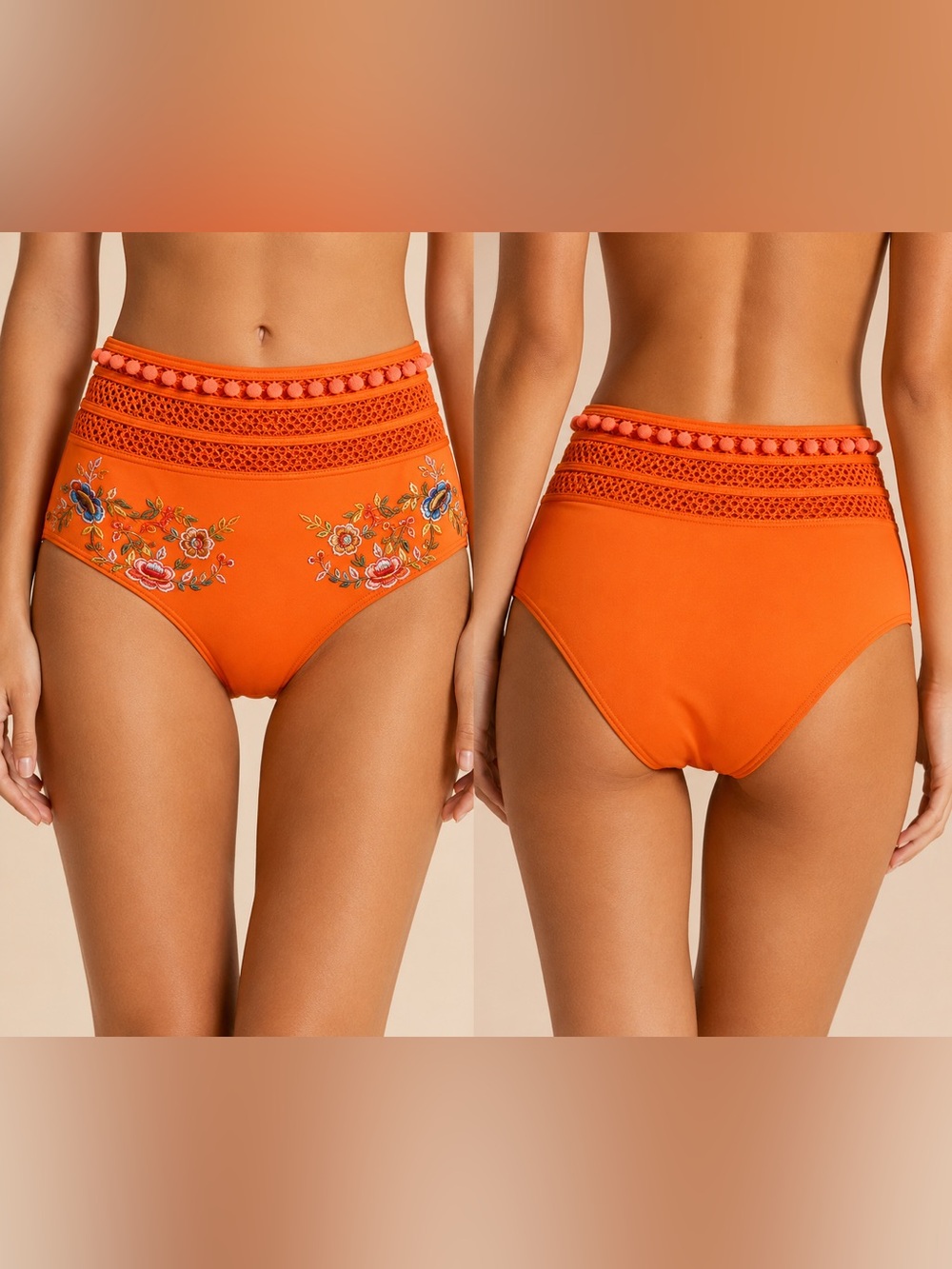 ASOS Swim Orange Embroidered High Waist Bikini Bottom Boho Pom Pom US 6